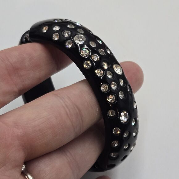 Vtg KENNETH JAY LANE KJL Black Lucite Rhinestone Inlay Cuff Bracelet Bling Hinge - Picture 3 of 6